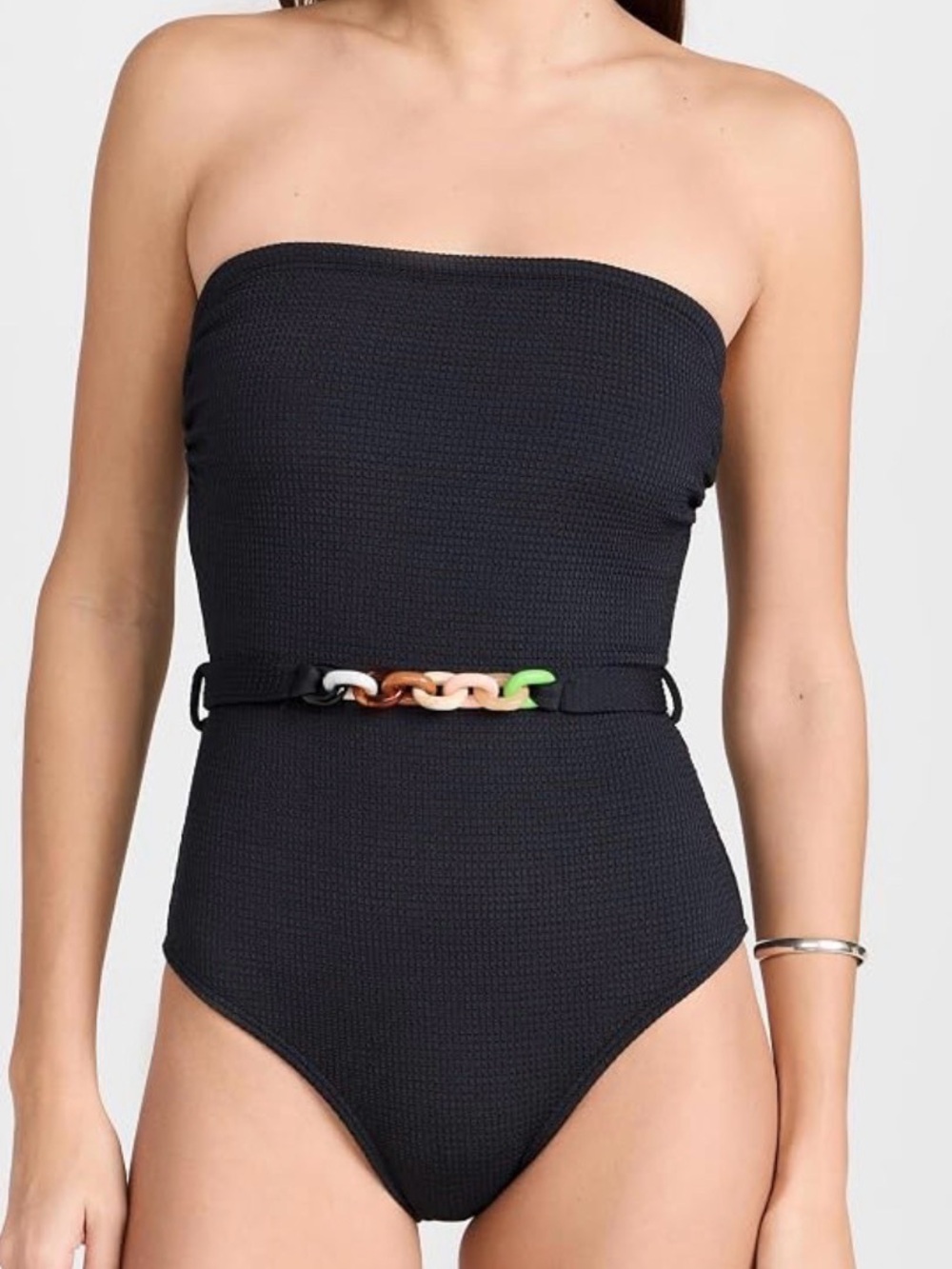 Shoshanna Black Strapless Jet One-Piece Swimsuit with Multicolor Chain Belt